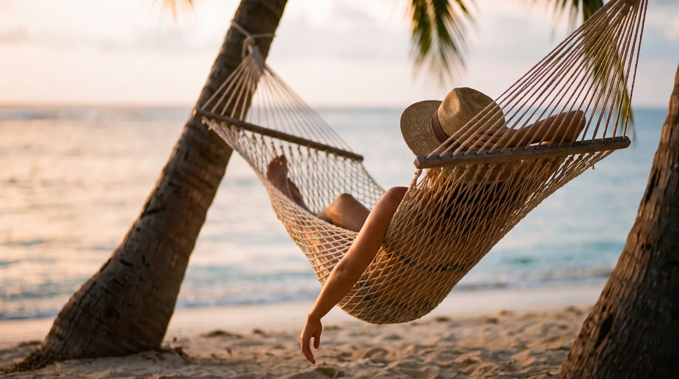 Playa Caracol — a hammock facing the sea at sunset, the beach palapas and a terrace overlooking the Pacific
