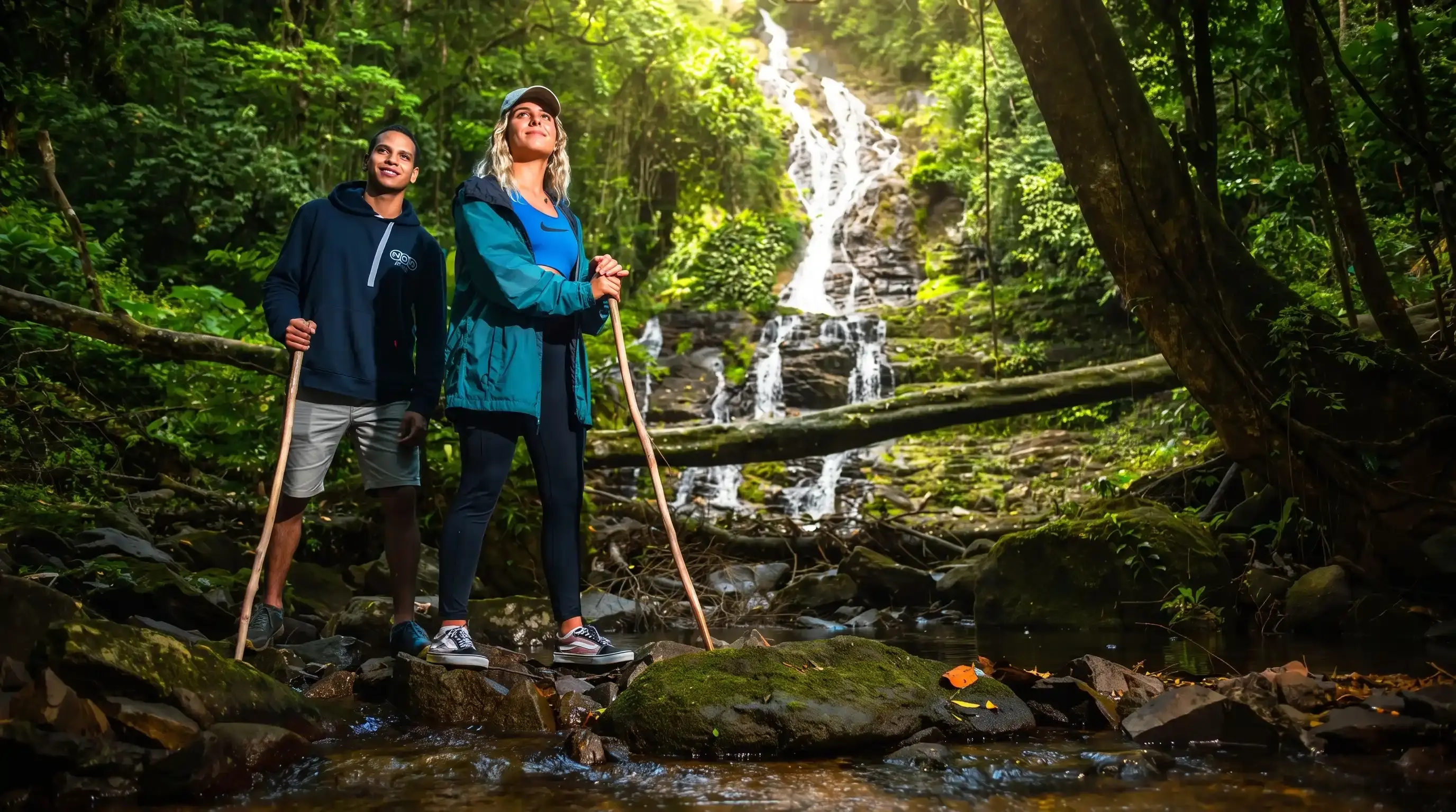 Dos excursionistas junto a una cascada en plena selva